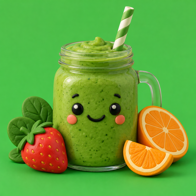 Clay render of a green smoothie jar with fruit
