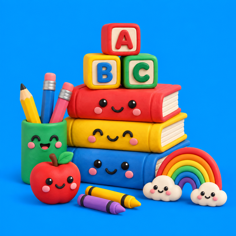 Clay render of school books, pencils and a rainbow