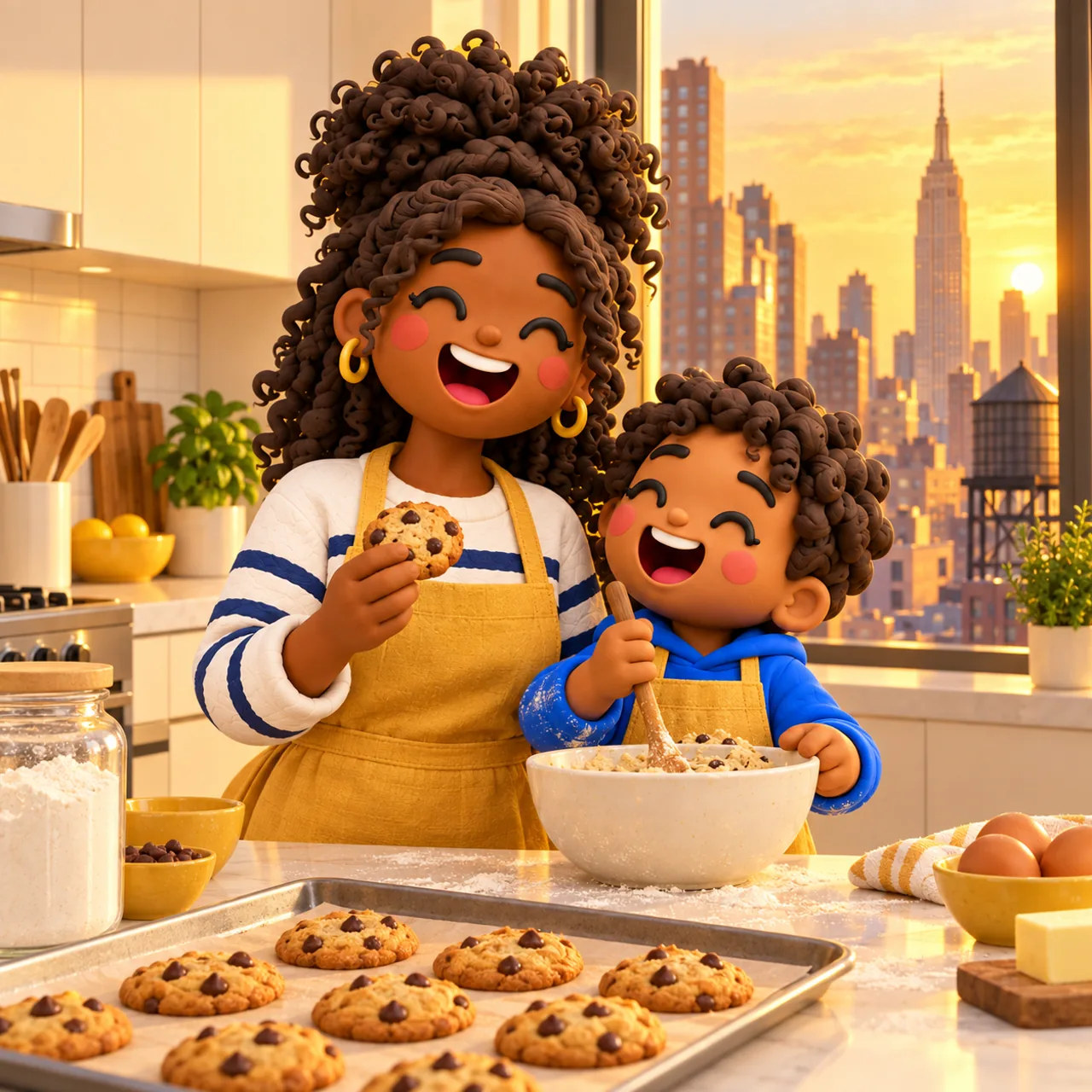 Clay render of a mom and her son baking cookies in a New York City condo kitchen, skyline in the window