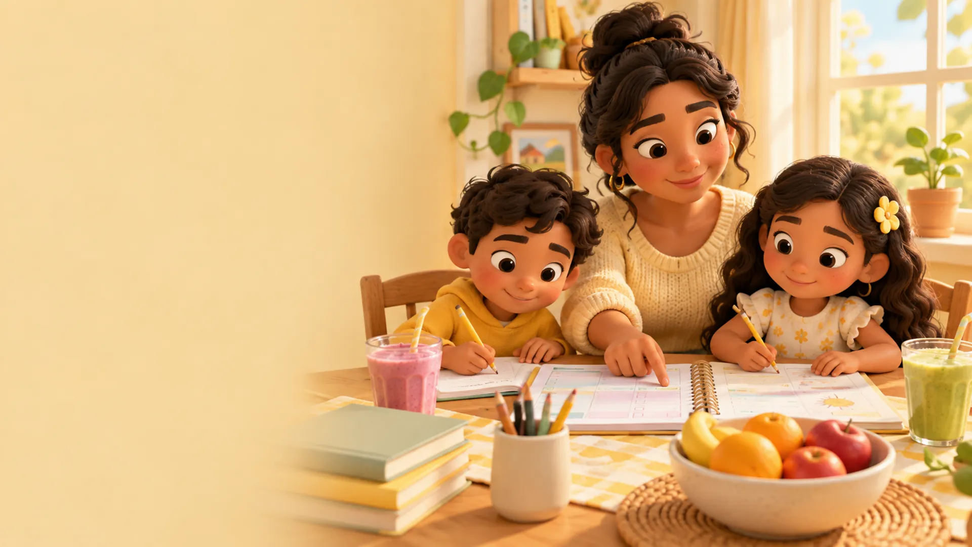 Clay render of a mom and two kids doing homeschool pages at a sunny table